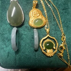 Gold and Green Jade Pendant Necklace Set and blue jade ring  size 10/6 bundle